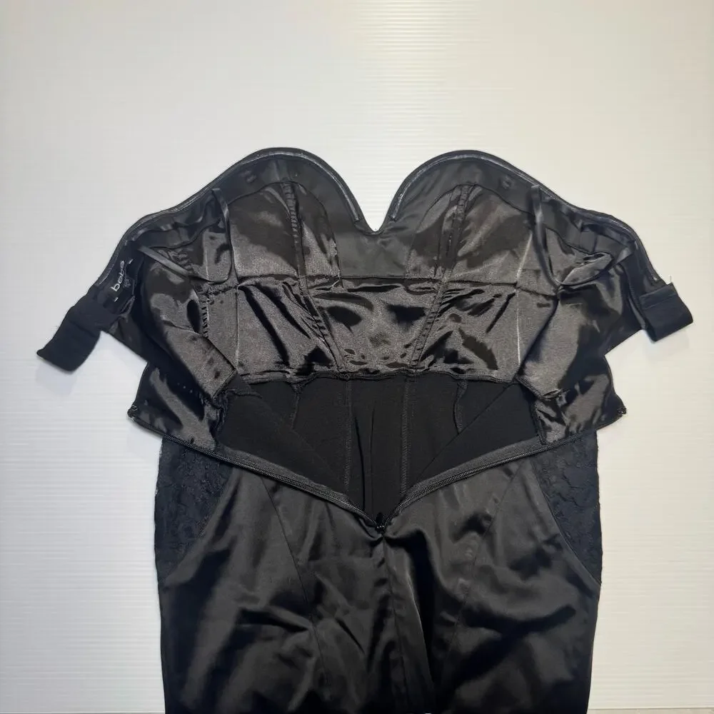 bebe Strapless Black Satin Lace Sheath Dress Women’s Medium Bodycon Bombshell - Picture 5 of 16